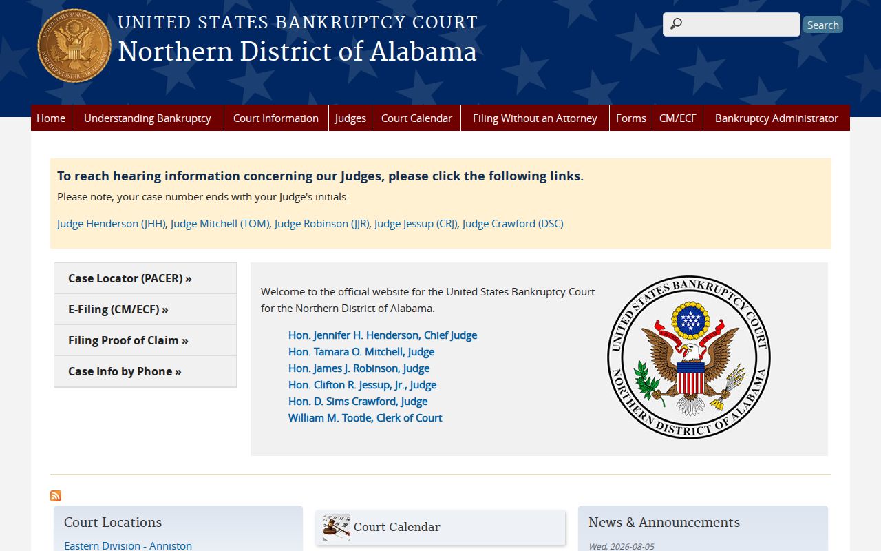 Alabama clerk records Northern Bankruptcy Court website