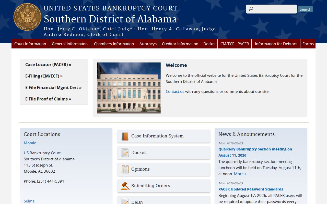 Alabama clerk records Southern Bankruptcy Court website
