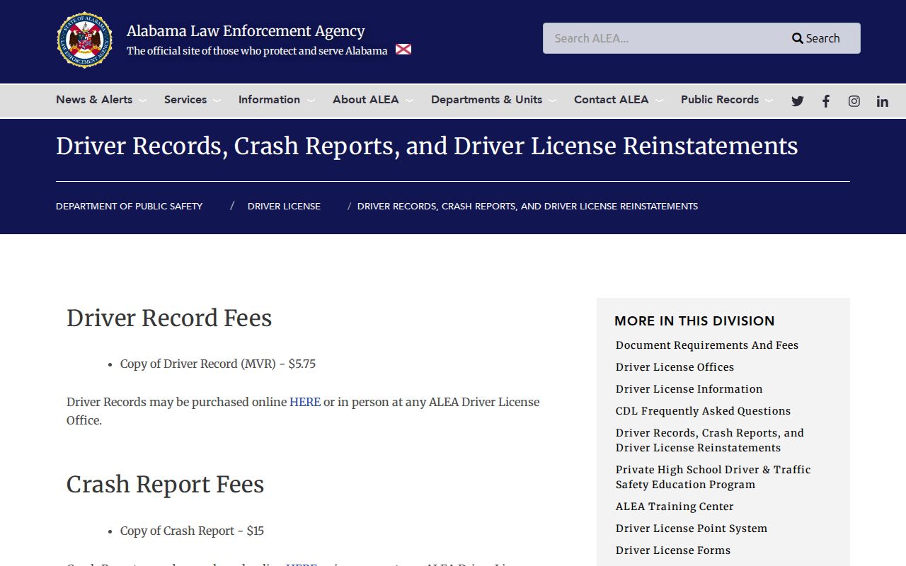 ALEA driver record and reinstatement fees for Alabama traffic records